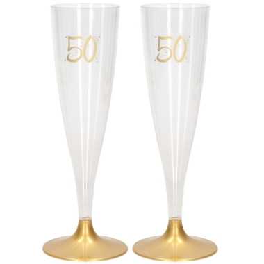 18x champagneglazen/flutes 14 cl/140 ml van kunststof met gouden voet - abraham/sarah/50 jaar