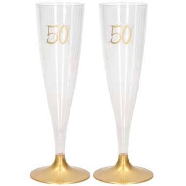 48x champagneglazen/flutes 14 cl/140 ml van kunststof met gouden voet - abraham/sarah/50 jaar