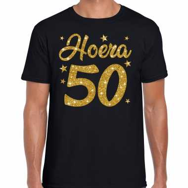 Hoera 50 jaar verjaardag cadeau t-shirt goud glitter op zwart heren