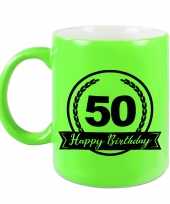 Happy birthday 50 years cadeau mok beker neon groen met wimpel 330 ml