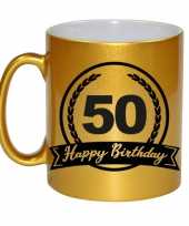 Happy birthday 50 years gouden cadeau mok beker met wimpel 330 ml