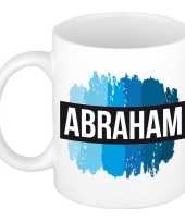 Naam cadeau mok beker abraham met blauwe verfstrepen 300 ml